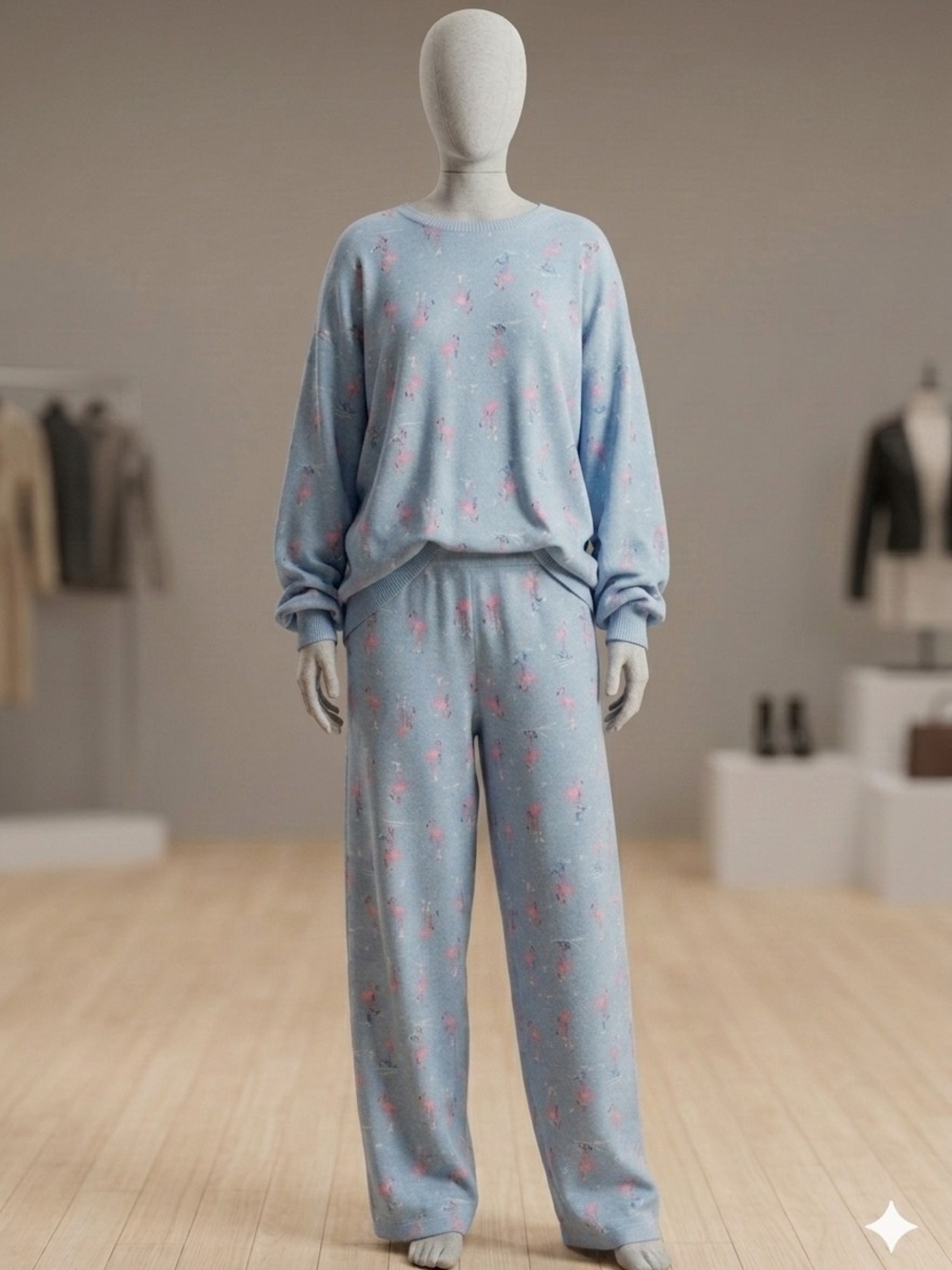 Relaxed Light Blue Women’s Pajama Set with Pink Accent Print